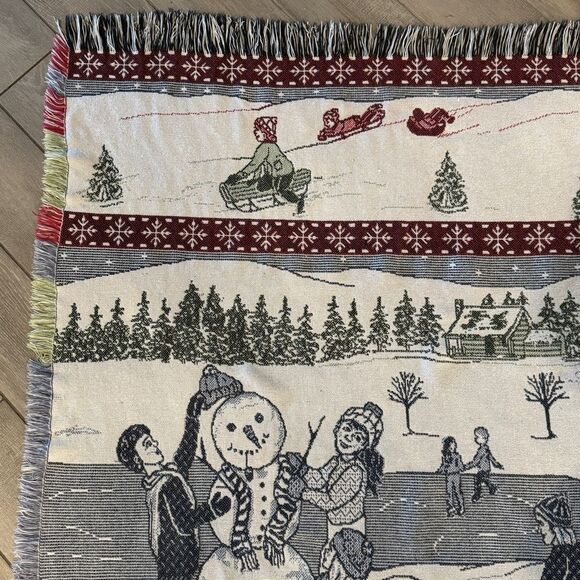 Vintage Winter Scene Snowman Christmas Tapestry Throw Blanket 45x58 - Picture 5 of 8